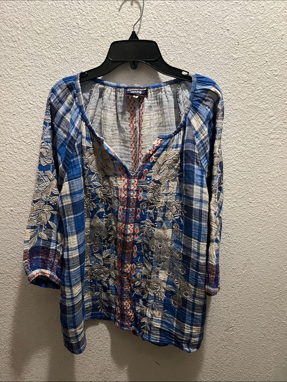 Johnny Was Blue Plaid Embroidered Tunic Top